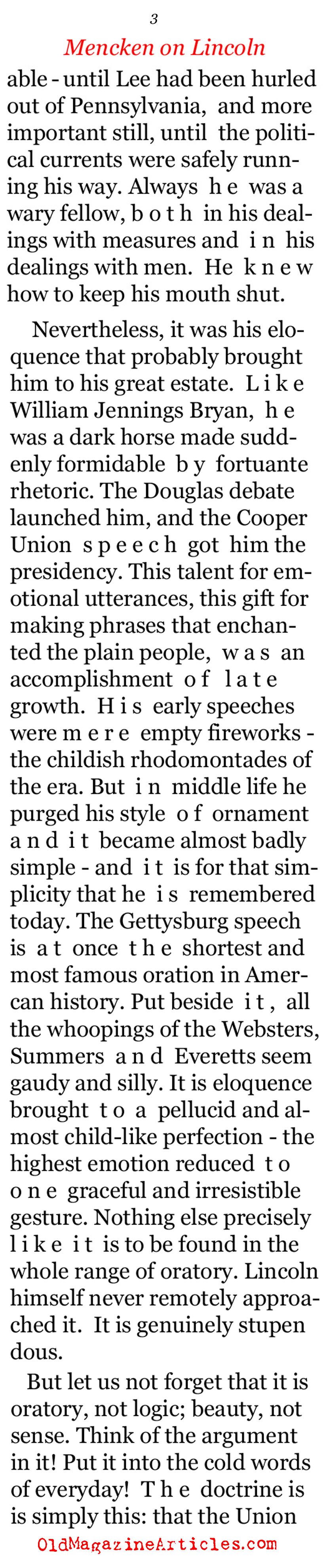 H.L. Mencken: Not Impressed with Lincoln (The Smart Set, 1920)